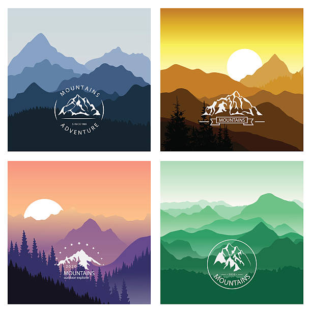 Set of mountain landscapes in different colors with emblems. Vector illustrations of mountain peaks. EPS 10. hiking backgrounds stock illustrations