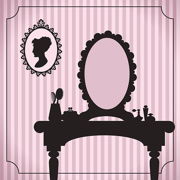 화장대 실루엣과 여성 액세서리 - mirror ornate silhouette vector stock illustrations