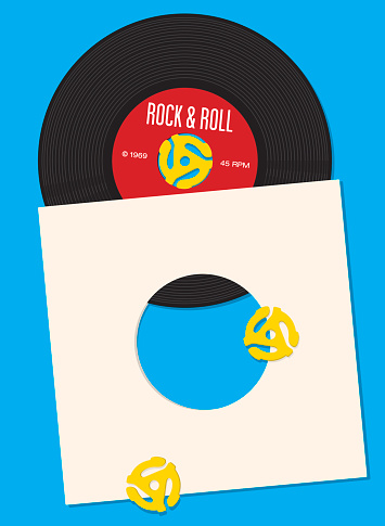 Vector design featuring illustration of 45 rpm single record with record insert spindle adaptors. Great template for party invitation. Easy to edit and fully scalable.