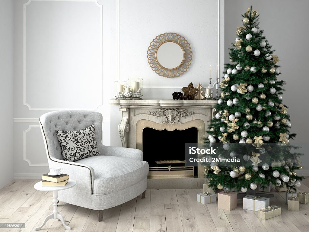 Christmas living room. 3d rendering Christmas living room with a tree and fireplace. 3d rendering Christmas Tree Stock Photo