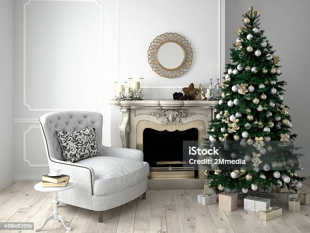 Christmas Living Room 3d Rendering Stock Photo - Download Image Now - Christmas Tree, Living Room, Christmas