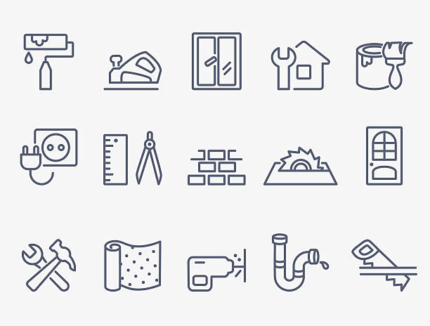 ilustraciones, imágenes clip art, dibujos animados e iconos de stock de reparación de inicio iconos - interface icons hammer home interior house