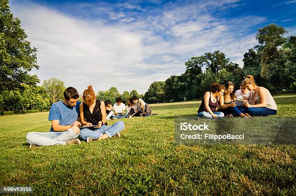 Friends Using Mobile Devices Outdoor Stock Photo - Download Image Now - Large Group Of People, Connection, Friendship