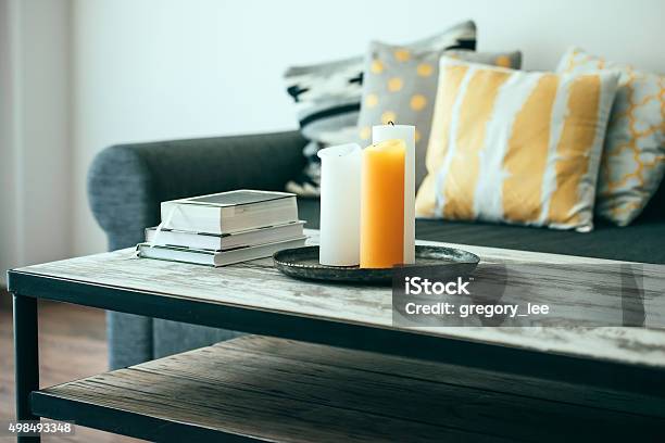 Sofa Stock Photo - Download Image Now - Coffee Table, Book, Candle