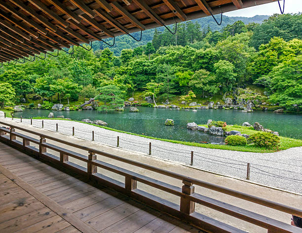 Japanese garden with a pond, Arashiyama district, Kyoto, Japan stock photo