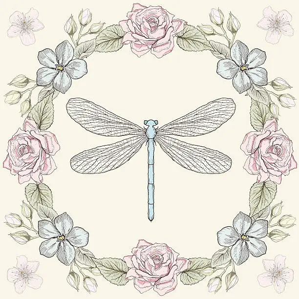 Vector illustration of floral frame and dragonfly engraving style