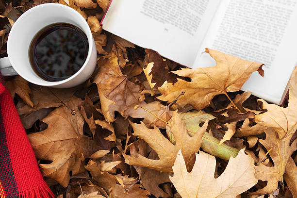 istock Autumn leaves with cup of coffee and book. 498494726