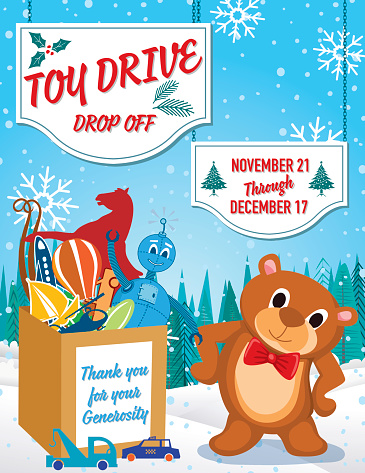 Toy Drive Poster Template. Ideal for any charity or fundraiser that collects toys for children for Christmas. A cute teddy bear stands as the mascot. There are two signs hanging above with room for text on them.