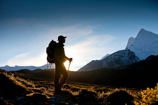Hiker on the trek in Himalayas, Khumbu valley, Nepal