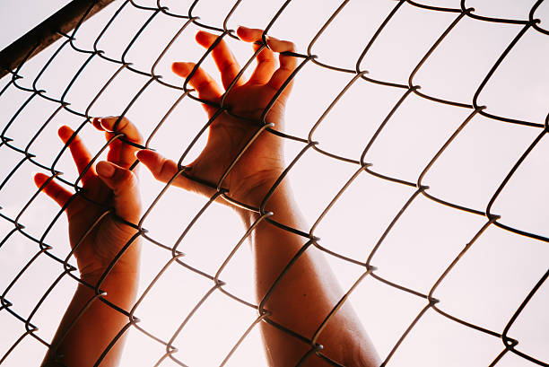 istock Female hand holding on chain link fence 498496614