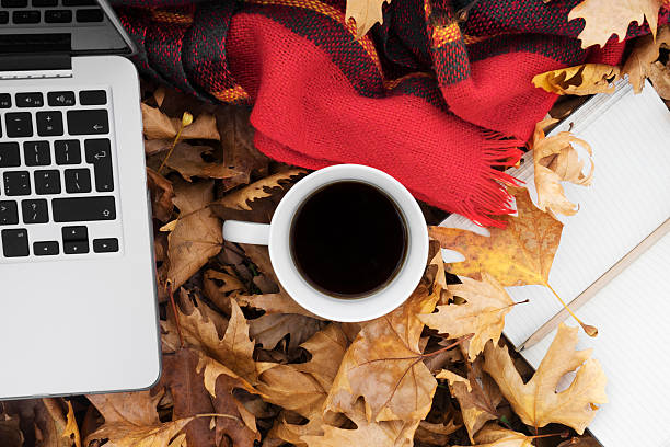 istock Autumn leaves with cup of coffee, laptop and notebook. 498497702