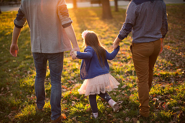 Gay Parents with daughter Young gay parents with their daughter having fun in park. Enjoying in beautiful sunny day. Caucasian ethnicity. surrogacy stock pictures, royalty-free photos & images
