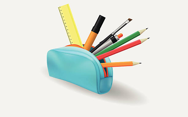 illustrazioni stock, clip art, cartoni animati e icone di tendenza di pencli caso - ruler ballpoint pen pen isolated
