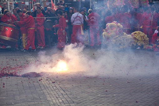 The Hague, The Netherlands - February 21, 2015: Traditional fireworks marking the celebration of the Chinese new year.