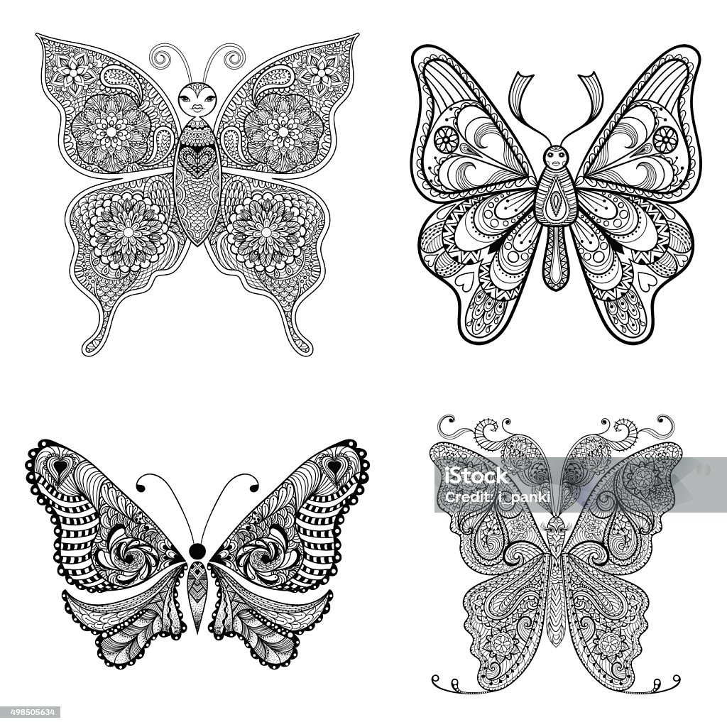 Vector black Butterflies set  for adult anti stress co Vector black Butterflies set  for adult anti stress coloring pages in doodle style. Ornamental tribal patterned illustration for tattoos, posters or prints decoration. Hand drawn sketch. 2015 stock vector