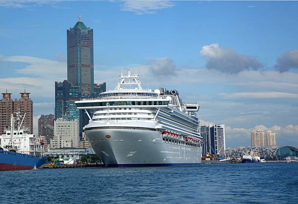 Kaohsiung, Taiwan -- May 11, 2014:  The gem class cruise ship Diamond Princess with more than 2000 passengers on board docks at Kaohsiung Harbor..
