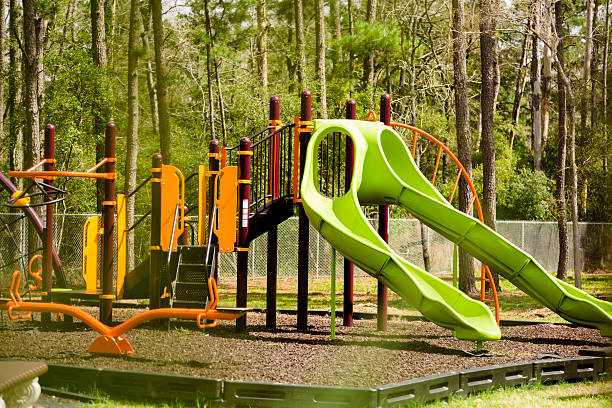 istock View through tree leaves of empty park or school playground. 498510351