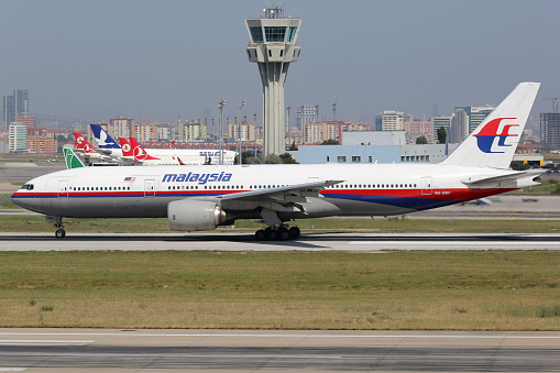 Istanbul, Turkey - May 28, 2014: A Malaysia Airlines Boeing 777-200 with the registration 9M-MRP takes off from Istanbul Atatürk International Airport (IST) in Turkey. This aircraft is the sister airplane of the plane missing in the Indian Ocean with the registration 9M-MRO.
