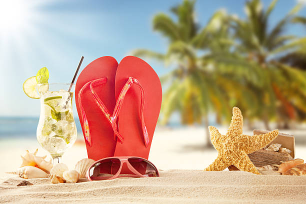 istock Summer beach with drink and accessories 498525689