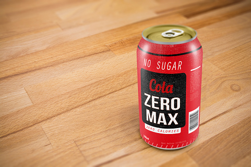 A can of made up brand zero-max-diet cola on a wooden table. Original design with release.