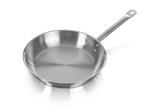 Large metal frying pan, image is taken over a white background