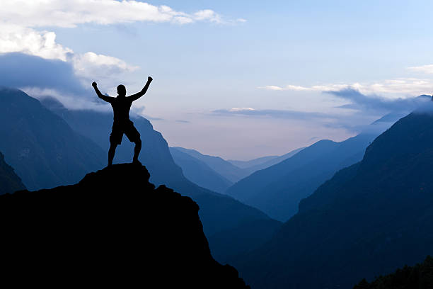 silhouette uomo di successo da hiking in montagna - moving up looking men people foto e immagini stock