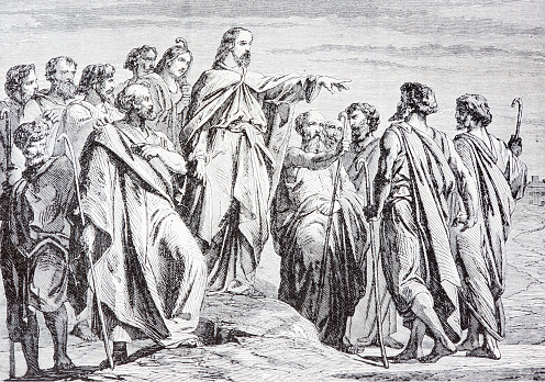 Sebechleby, Slovakia - July 27, 2015: The  Jesus Sends Out His Disciples lithography  by artist Scheuchl 1907 in the book \