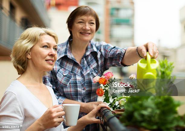 Two Mature Women Drinking Tea At Terrace Stock Photo - Download Image Now - 50-59 Years, 60-69 Years, Adult