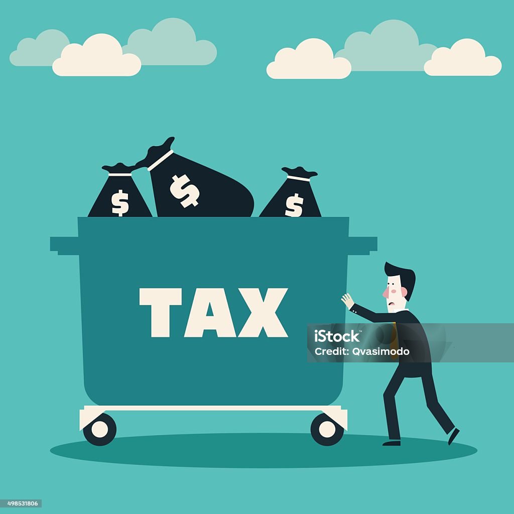 Sad businessman pushing hand truck with taxes. Tax time concept Sad businessman pushing hand truck with taxes. Tax time and taxpayer finance concept Tax stock vector