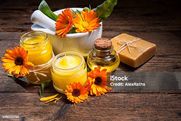 Homemade Calendula Ointment Stock Photo - Download Image Now - Marigold, Mortar and Pestle, Ointment