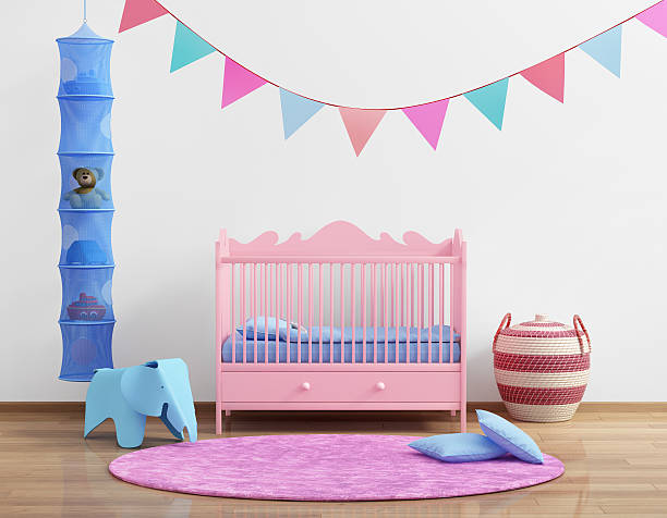 Baby's pink nursery room with flags and rug