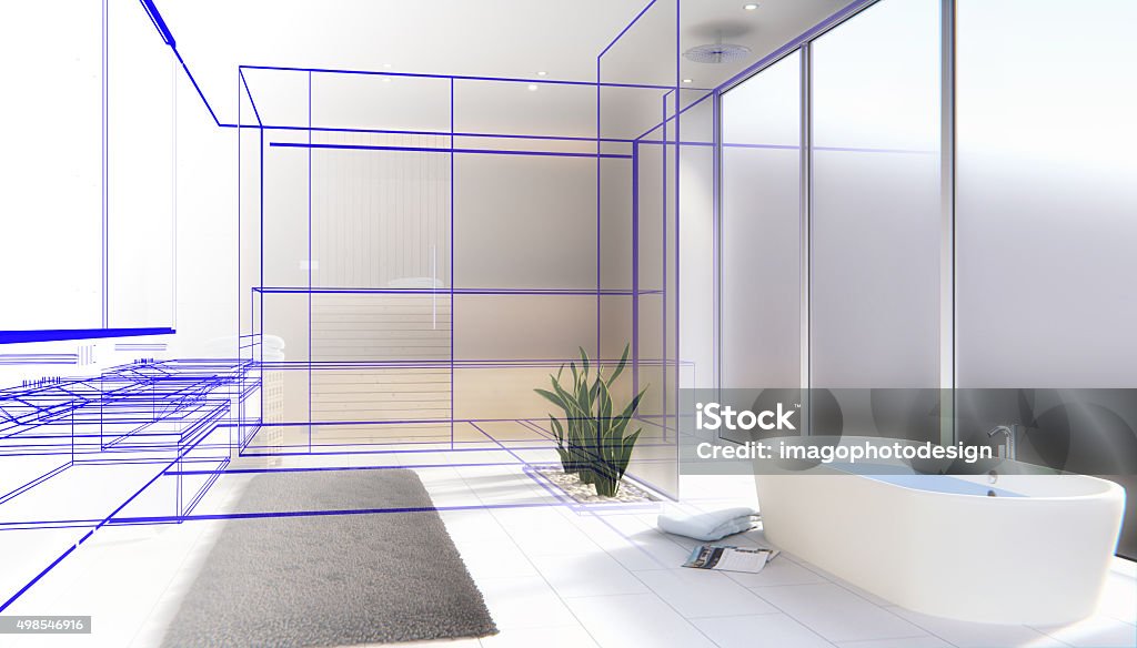 bathroom with sauna - Draft Modern bathroom with sauna - 3D render Plan - Document Stock Photo