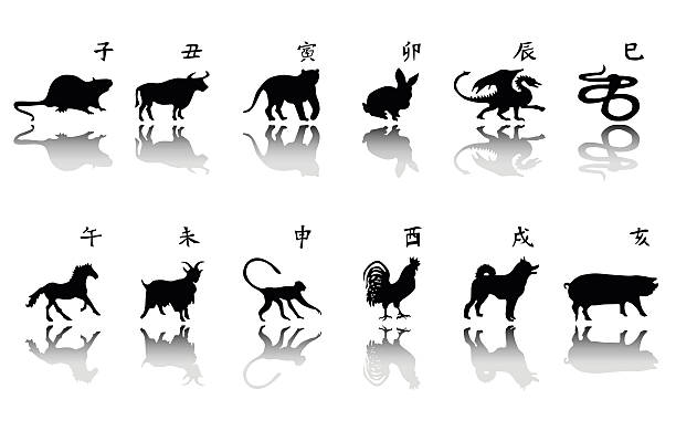 illustrazioni stock, clip art, cartoni animati e icone di tendenza di simbolo dell'anno silhouette set - segno dello zodiaco cinese