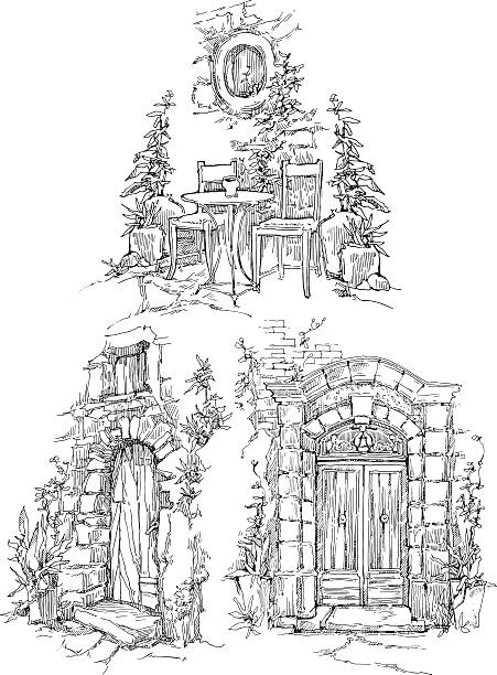 ręcznie wykonany szkic starego street. - prague old door house stock illustrations