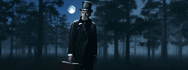 istock Dickens Scrooge Man with Suitcase in Foggy Winter Forest. 498549476