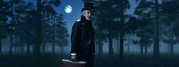 istock Dickens Scrooge Man with Suitcase in Foggy Winter Forest. 498549488