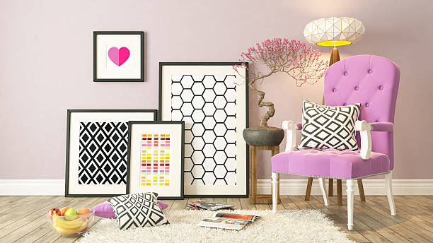 Black picture frames decor with pink bergere, background stock photo