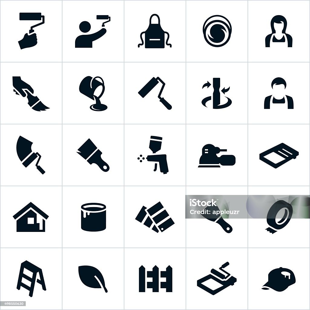 House Painting Icons Icons related to painting for both residential or commercial type projects. The icons include brushes, rollers, paint and different tools used in painting. Icon Symbol stock vector