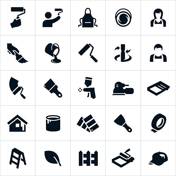 House Painting Icons Icons related to painting for both residential or commercial type projects. The icons include brushes, rollers, paint and different tools used in painting. paint icons stock illustrations