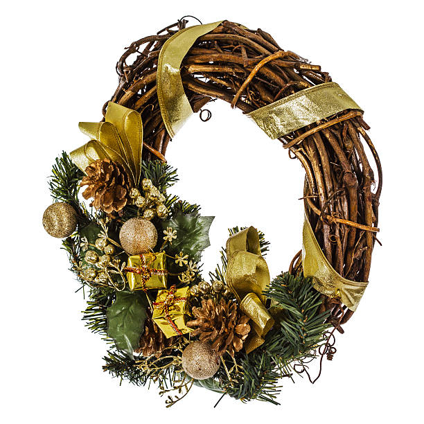 istock Green christmas wreath with decorations, isolated on white 498552790