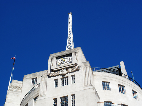 The antenna of the BBC Broadcasting House built in an Art Deco style in1932, in Regent Street, London, England, UK, which was the original headquarters of The British Broadcasting Corporation