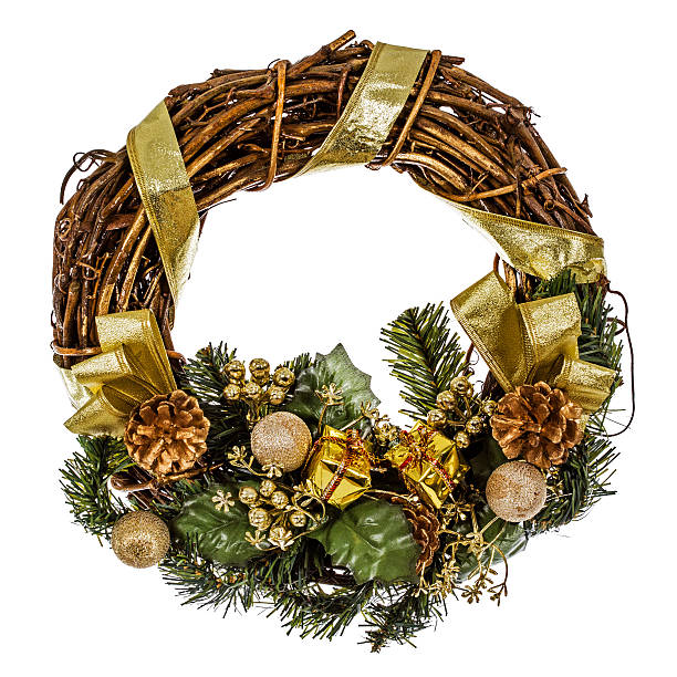 istock Green christmas wreath with decorations, isolated on white 498552888
