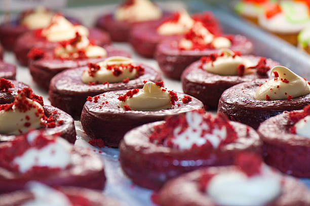 Red vlvet donuts in bakery case