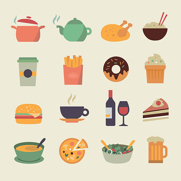 ilustraciones, imágenes clip art, dibujos animados e iconos de stock de iconos de comida plana - salad food beer restaurant