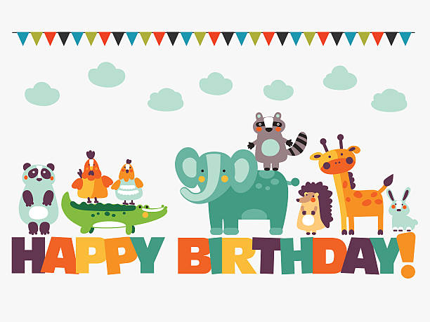 Happy birthday. Lovely card with funny cute animals and garlands Happy birthday - lovely vector card with funny cute animals and garlands. Modern vector style. Ideal for cards, logo, invitations, party, banners, kindergarten, preschool and children room decoration Birthday  for Kids stock illustrations