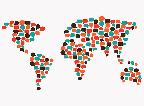 World map made of colorful speech bubbles. Translating, language interpreter and communication vector concept illustration