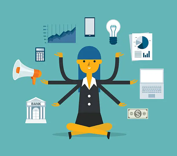 Vector illustration of Businesswoman Multitasking with Multiple Arms