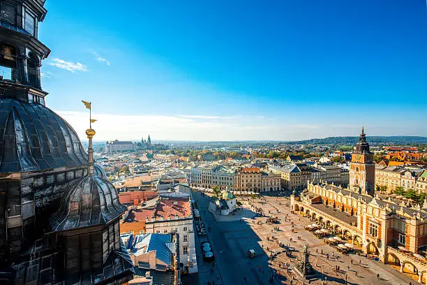 Aerial view on the main market square from St. Mary's basilica tower in Krakow 