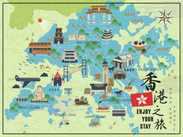 Hong Kong travel map lovely Hong Kong travel map on in flat style - lower right word is Hong Kong travel in Chinese word tian tan buddha stock illustrations