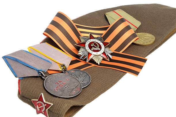 istock Soviet military cap, Saint George ribbon, soviet medals 498567513